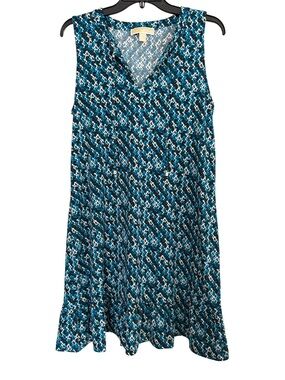 Michael Kors L sleeveless knee-length a-line dress blue white black ditsy floral